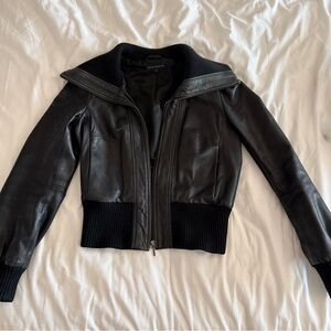 French Connection Black Leather Bomber Jacket